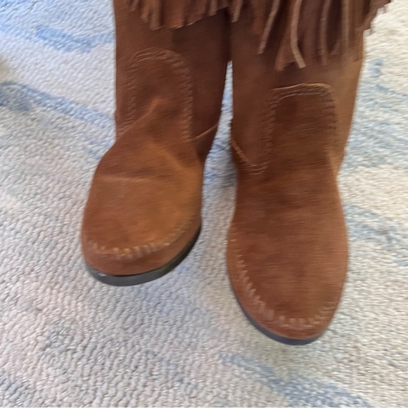 MINNETONKA FRINGE BOOTS ADJUSTABLE LACES ZIPPER BROWN SIZE 7 HANDMADE - Picture 9 of 10